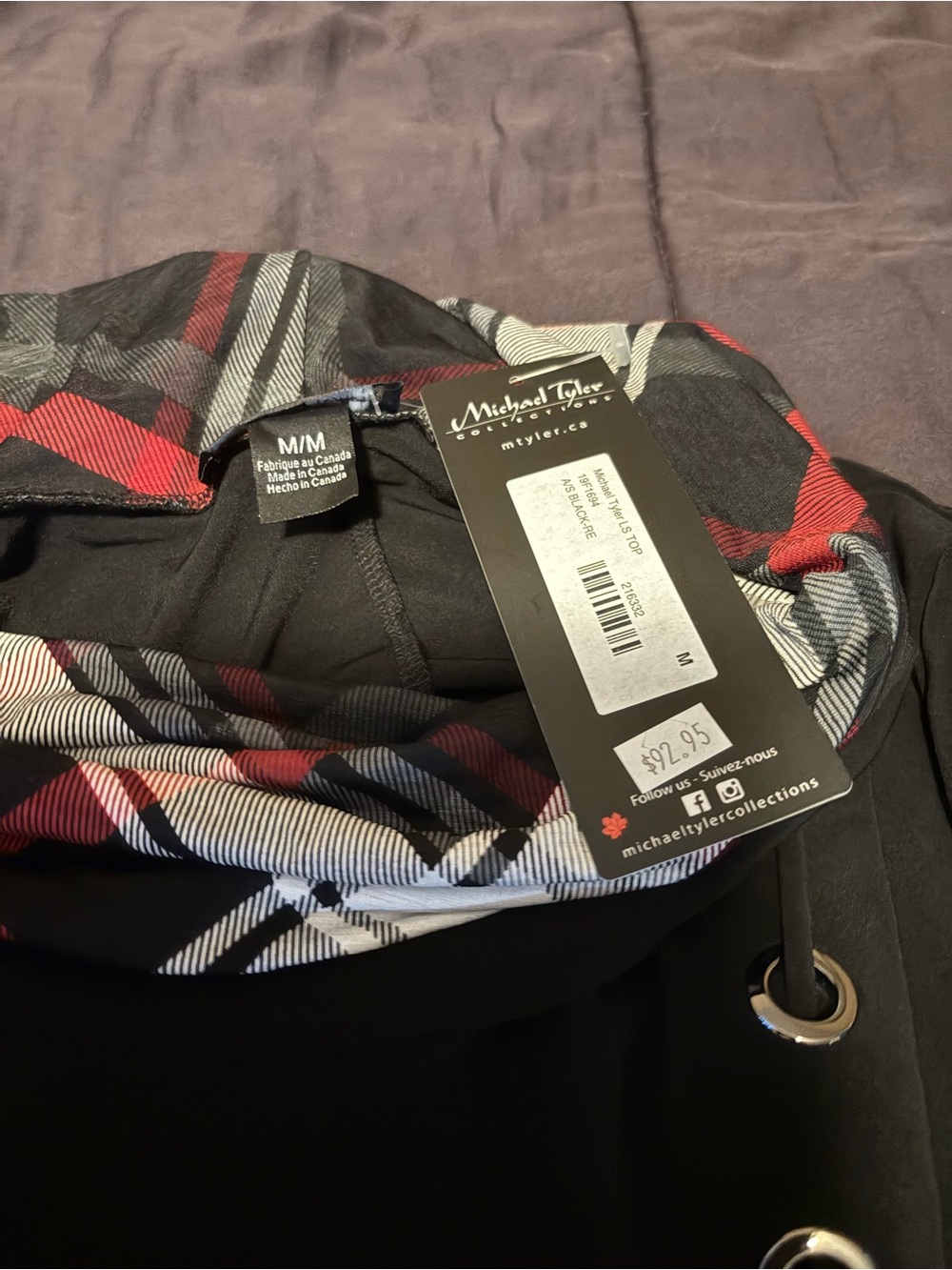 Michael Tyler - Women’s Black Plaid-Lined Cowl Neck Shirt - Black/Red